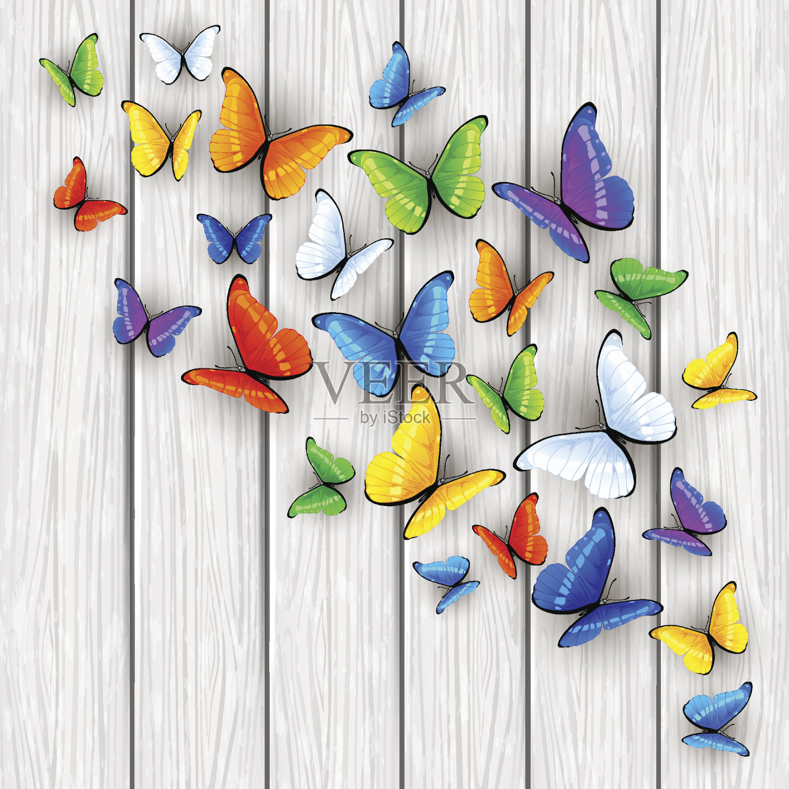 白色的木质背景与彩色的蝴蝶设计元素图片