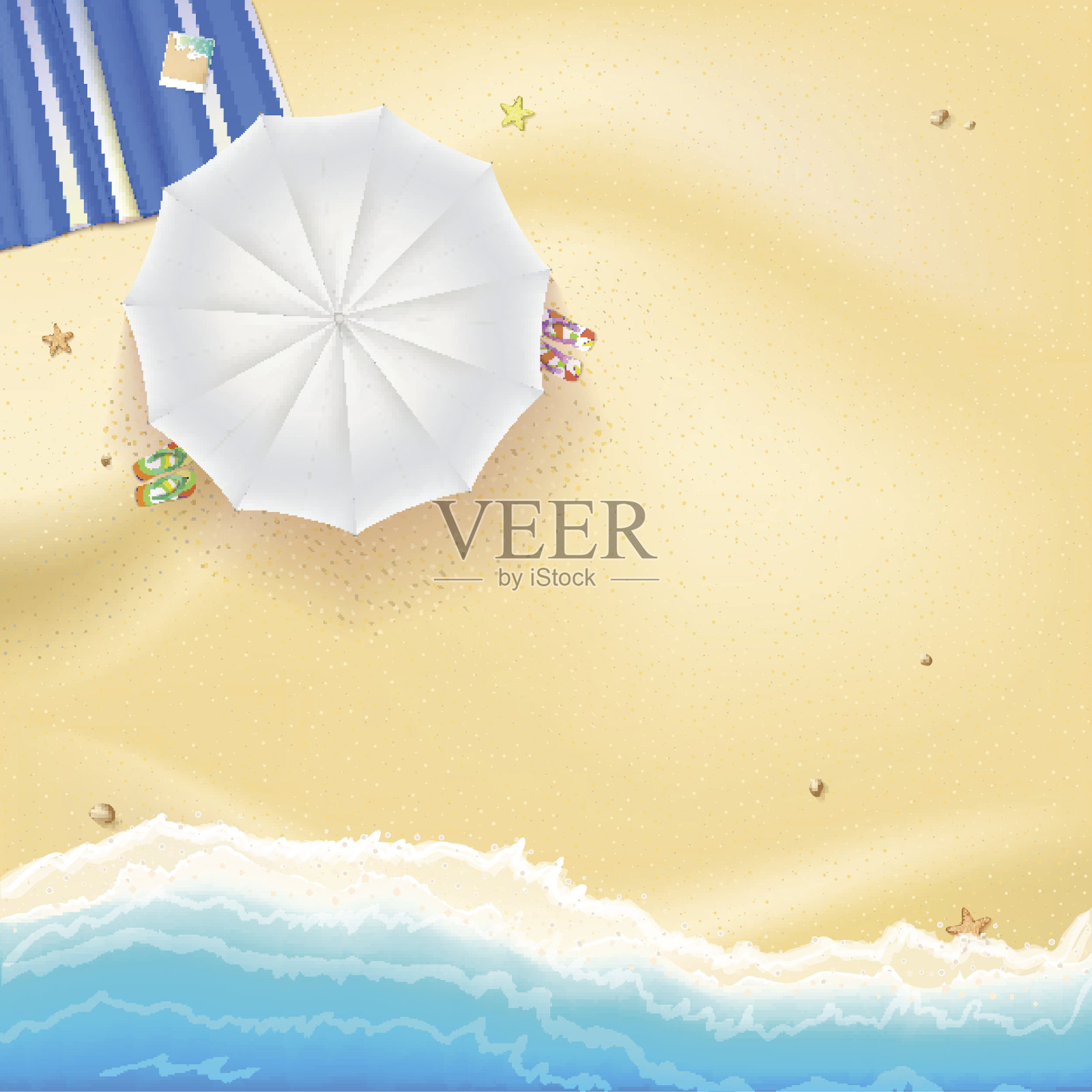 沙滩，沙滩，海浪和太阳伞插画图片素材