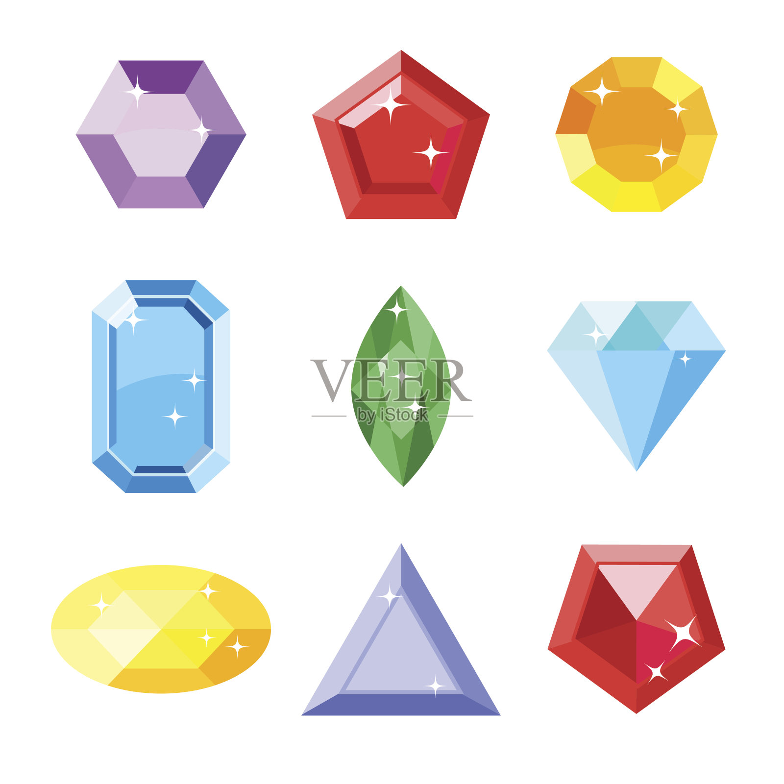 宝石。图标的宝石。红宝石，祖母绿，蓝宝石，钻石，灿烂的，海蓝宝石不同的形状，孤立在白色的背景。向量的珠宝。设计元素图片