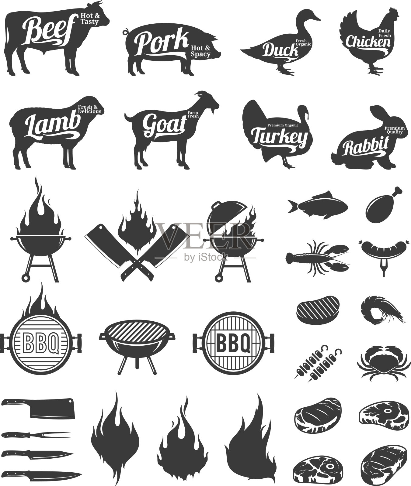 烧烤，烧烤和牛排馆的标签和设计元素插画图片素材