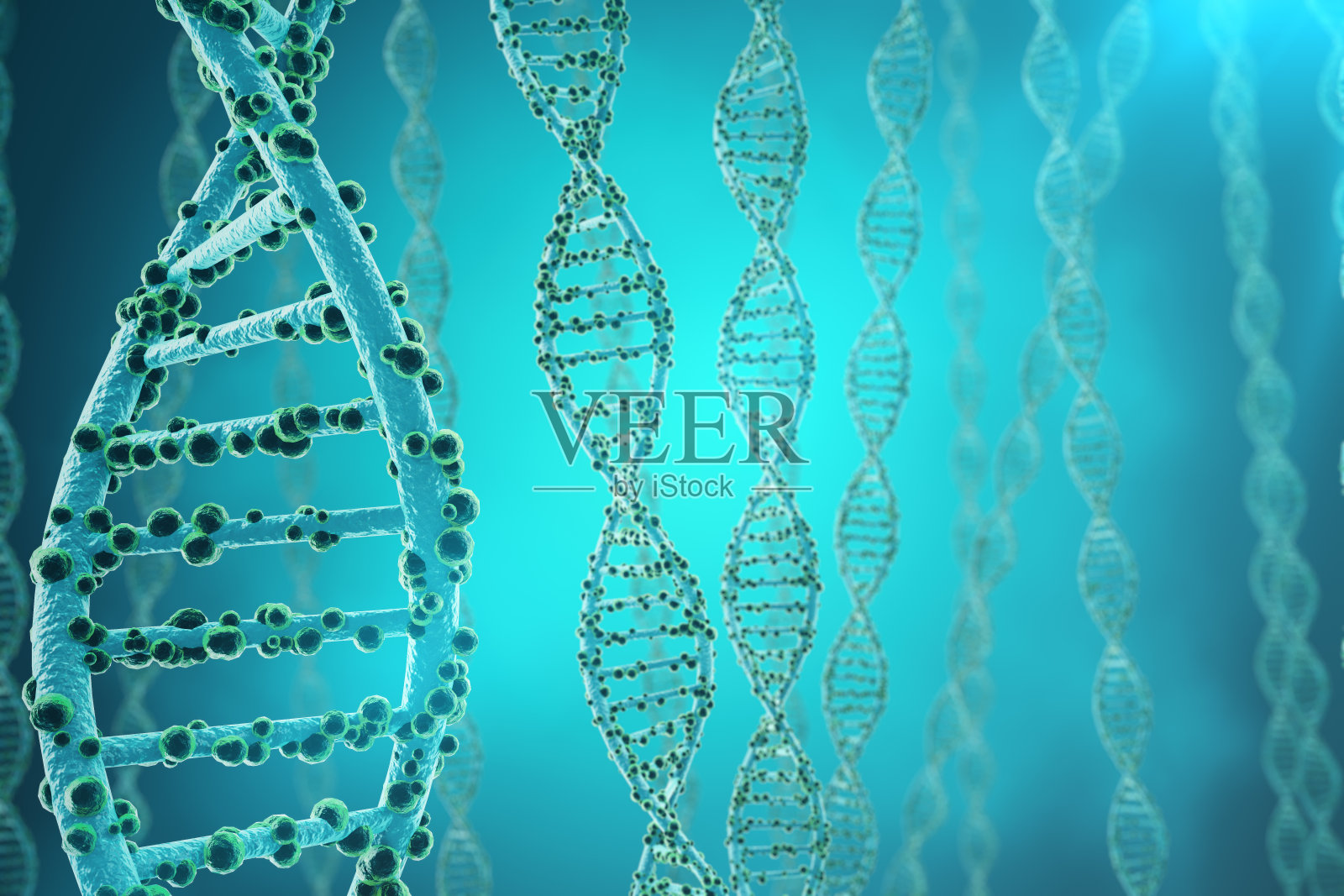 蓝色背景下dna结构的生物化学概念。3 d插画图片素材