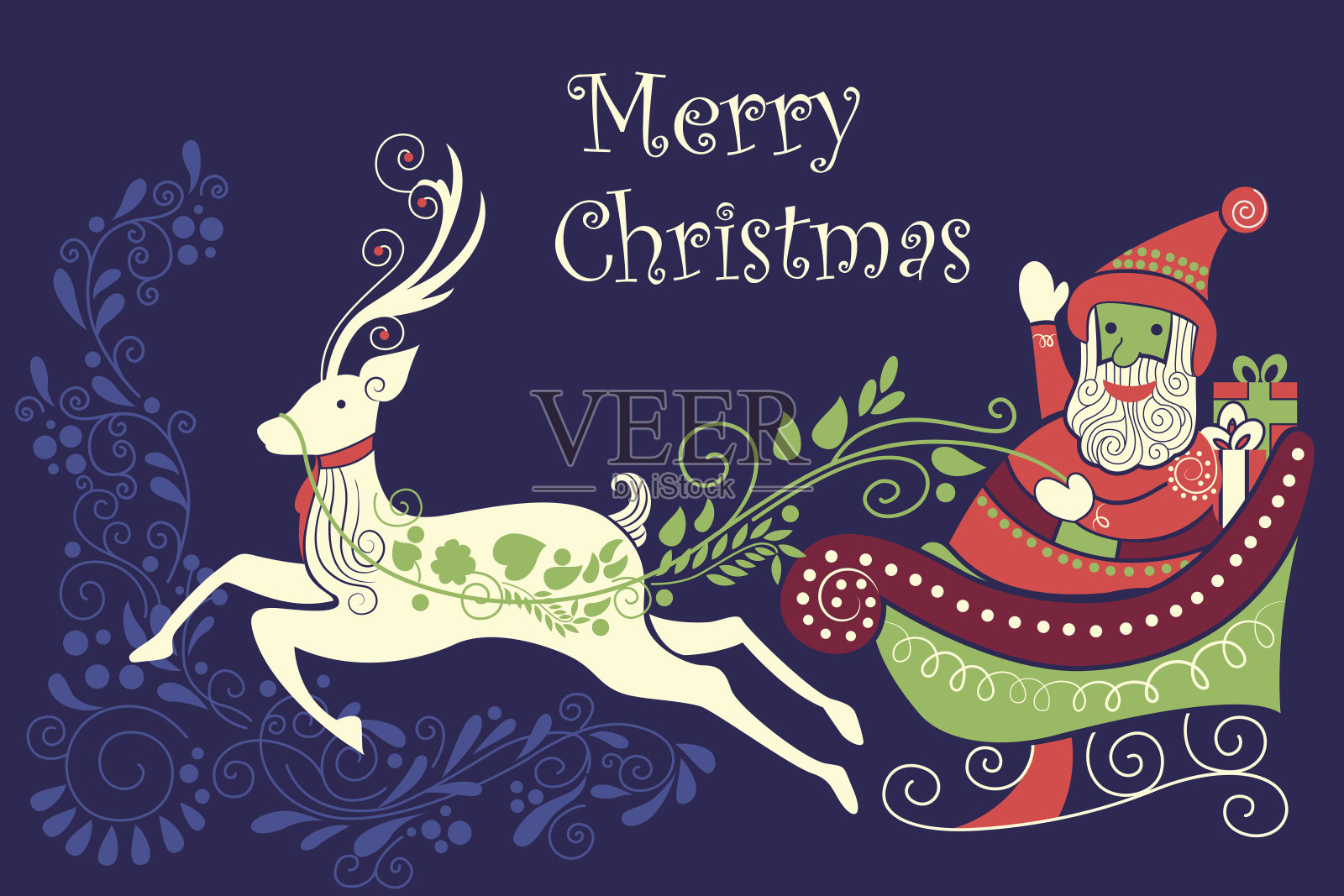 圣诞老人的雪橇装满礼物庆祝圣诞快乐插画图片素材
