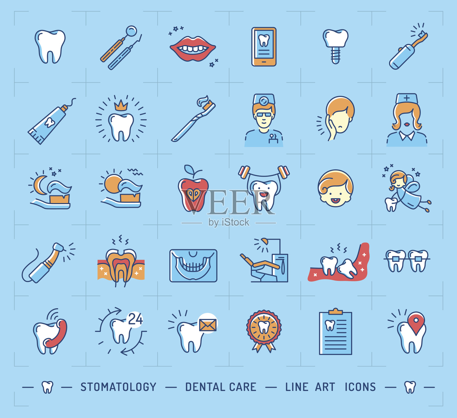 口腔图标牙科保健标志。儿童牙科细线图标设计元素图片