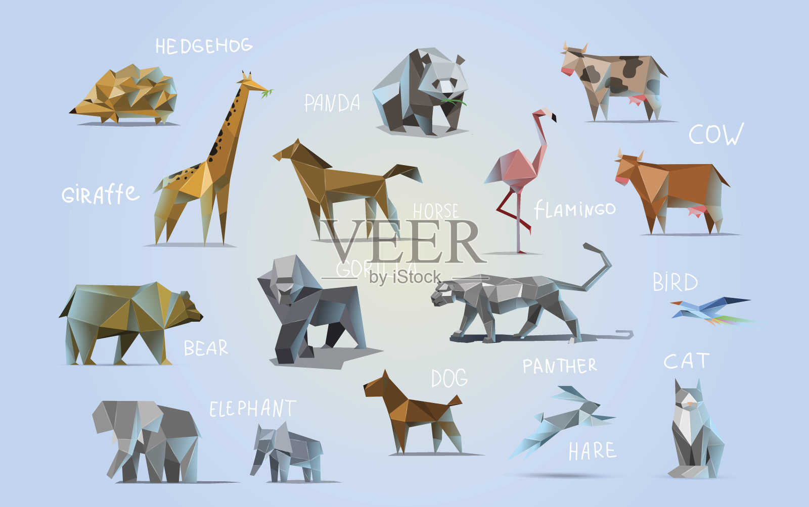 不同动物的矢量集，多边形图标，低多边形插图设计元素图片