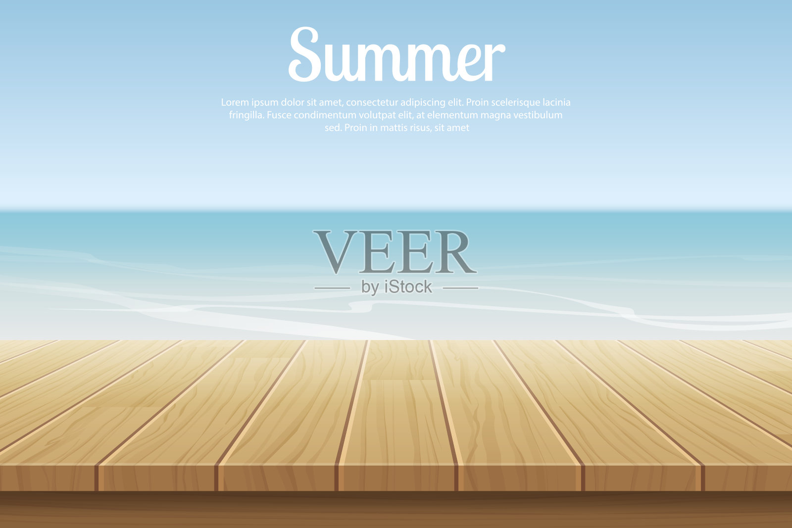 夏季背景蓝色天空与海洋和木制产品插画图片素材
