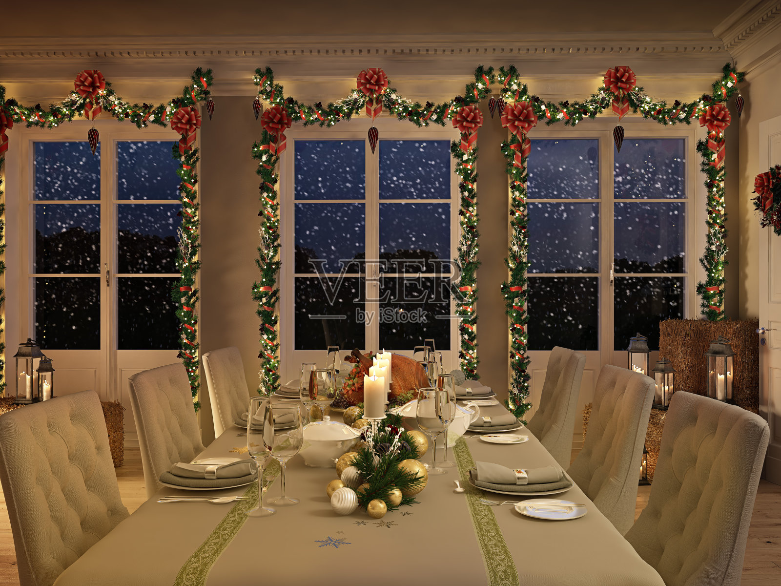 北欧餐桌与圣诞装饰的夜晚。三维渲染照片摄影图片