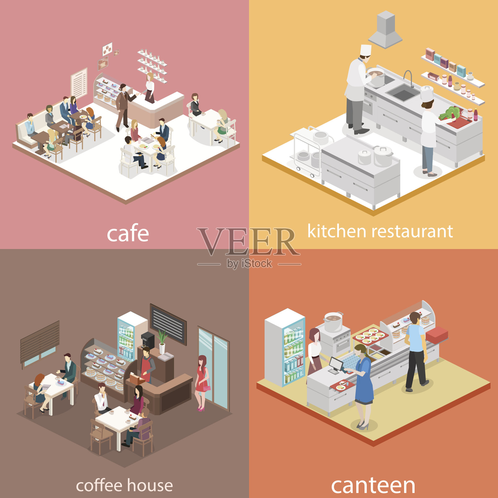 等距平面三维概念向量室内咖啡厅，餐厅，厨房。插画图片素材