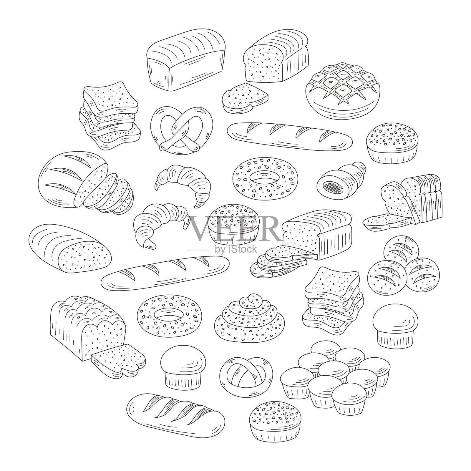 面包店新鲜面包收集涂鸦风格矢量插图。插画图片素材