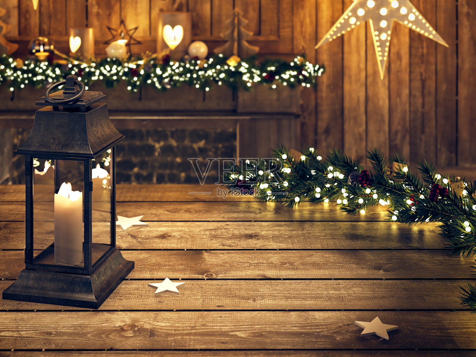 圣诞木桌与灯笼和装饰品。三维渲染照片摄影图片
