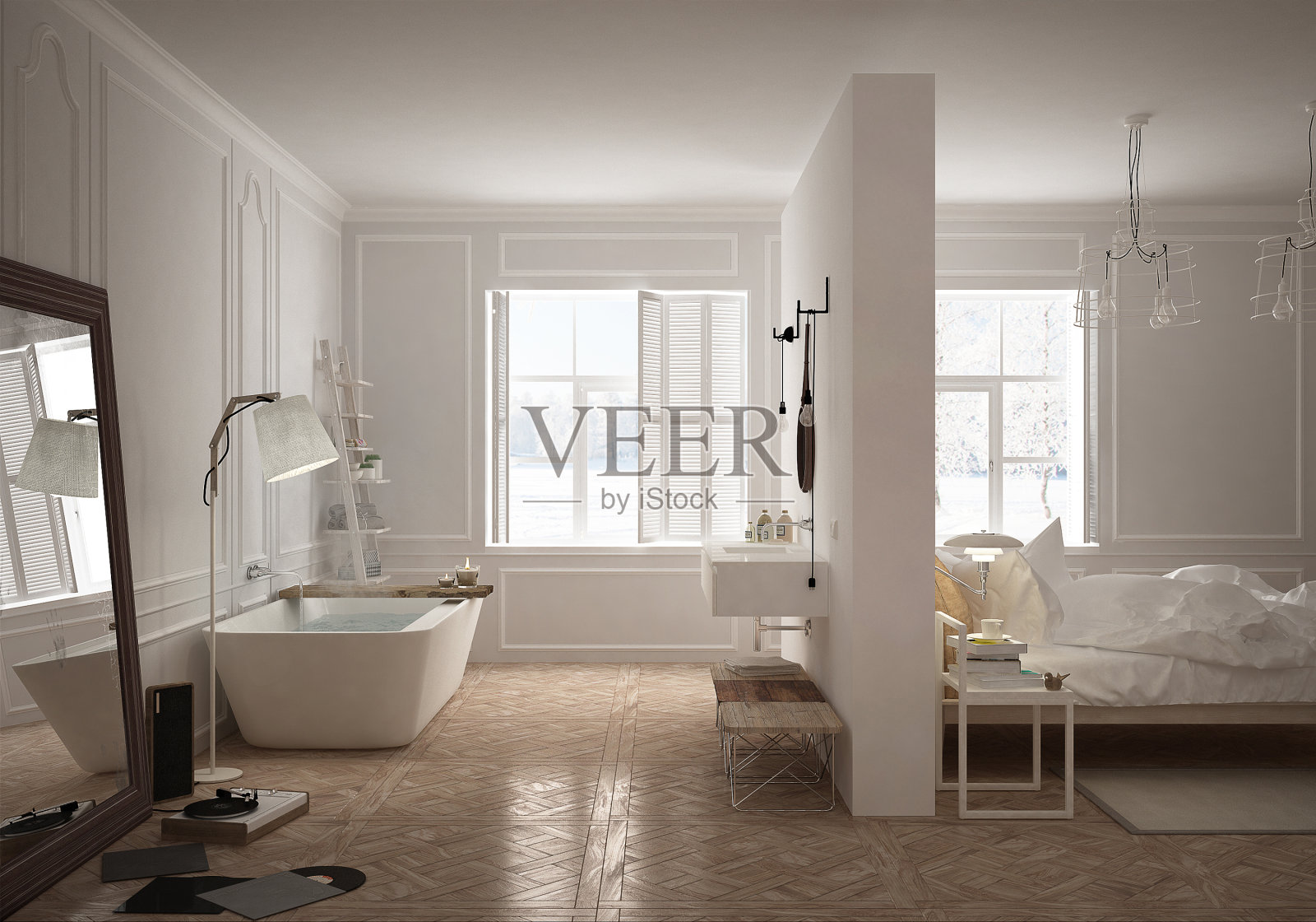斯堪的纳维亚风格的卧室和浴室照片摄影图片