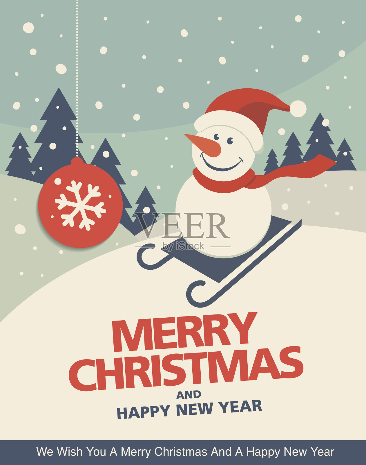 复古圣诞贺卡设计与雪人在雪橇插画图片素材