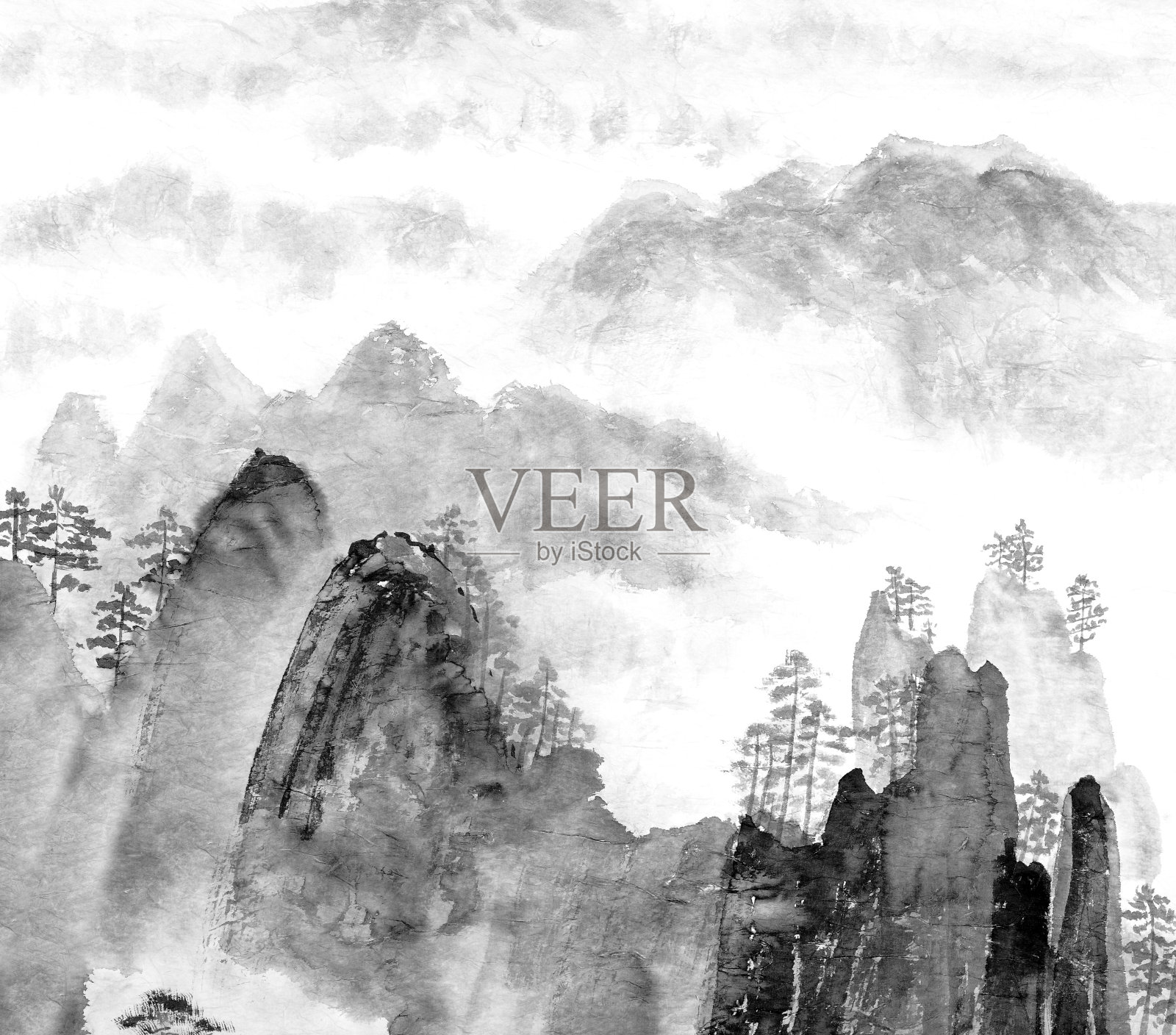 中国山景的单色画插画图片素材