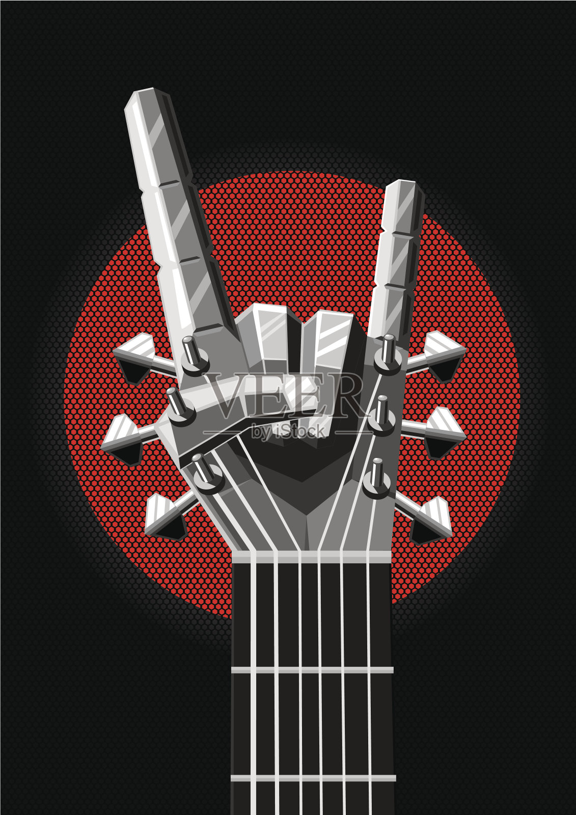 有金属手和吉他的摇滚海报。音乐的诠释设计模板素材
