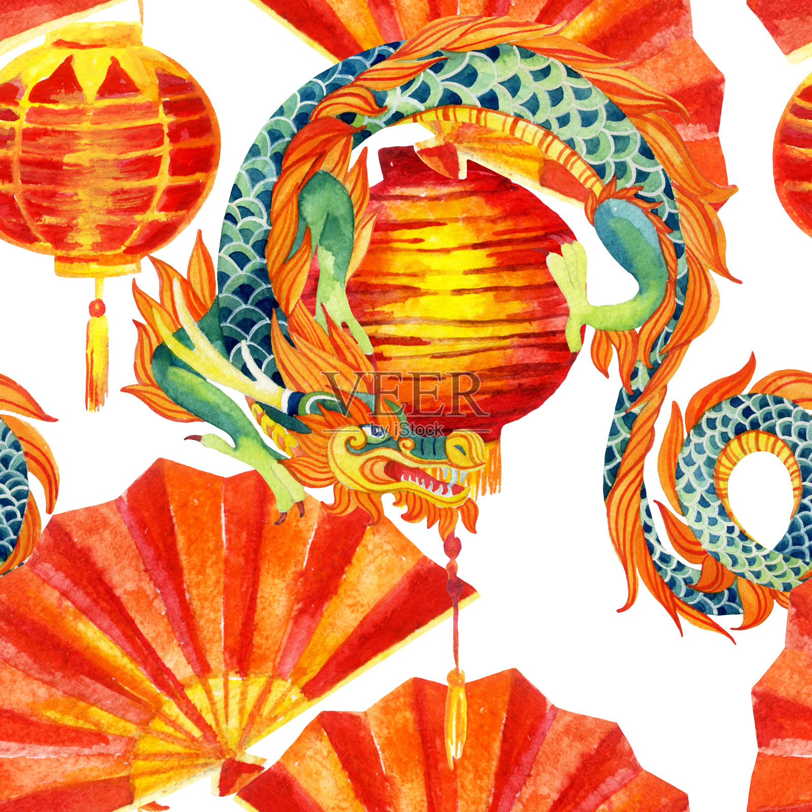 中国龙水彩无缝图案。插画图片素材