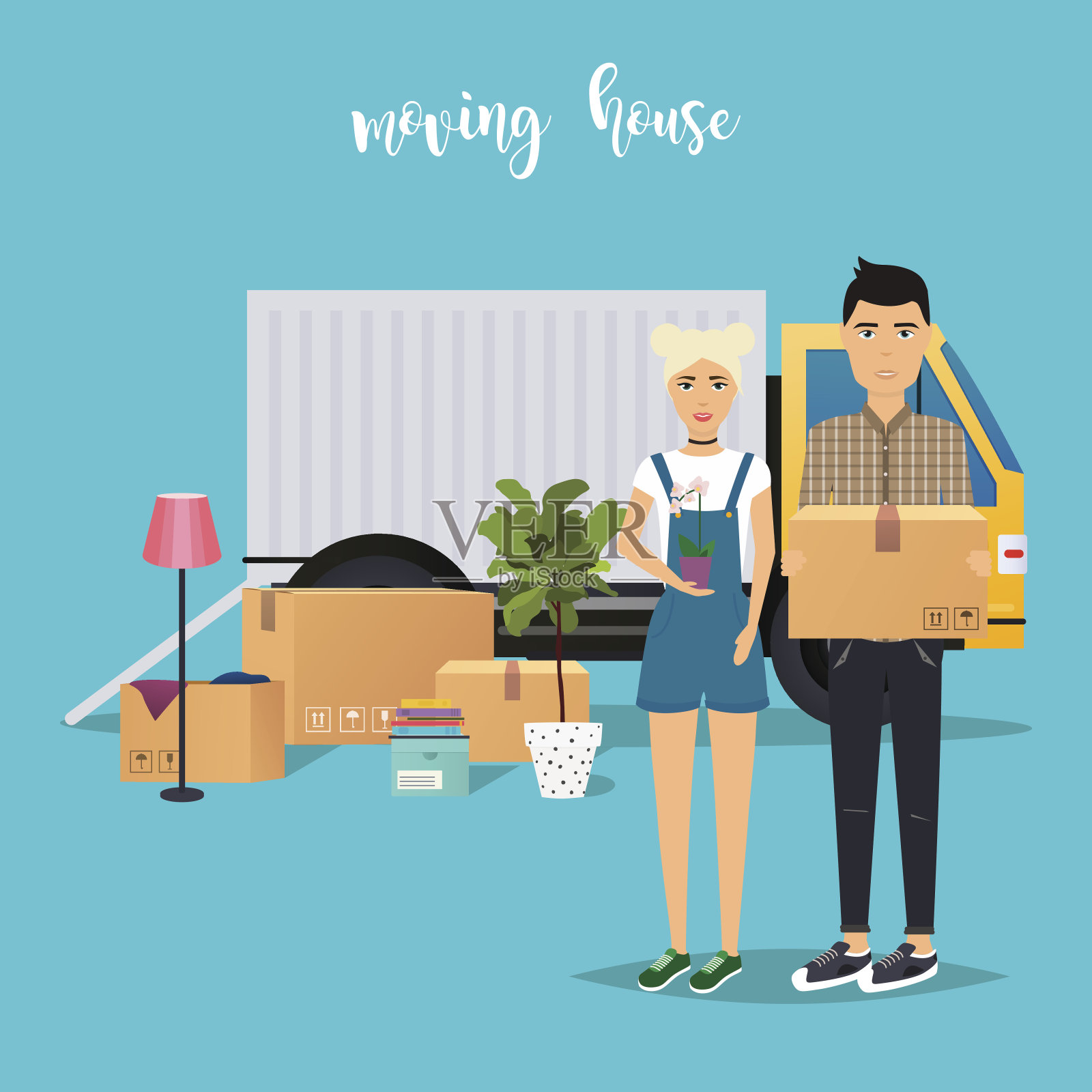 年轻夫妇移动。搬运卡车和纸箱。航运插画图片素材