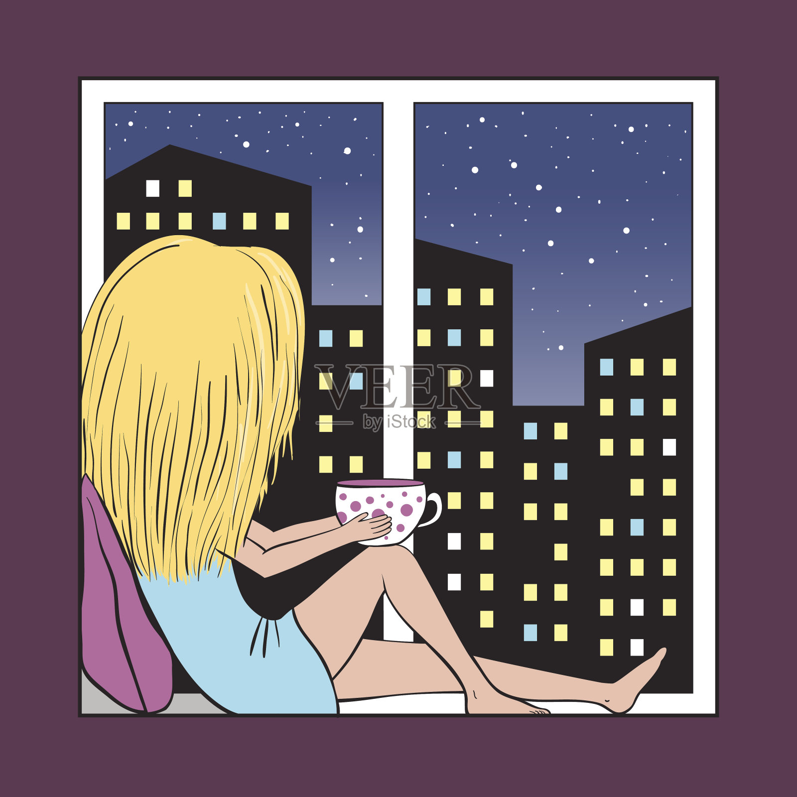 窗台上的女孩和夜晚的城市。设计元素图片