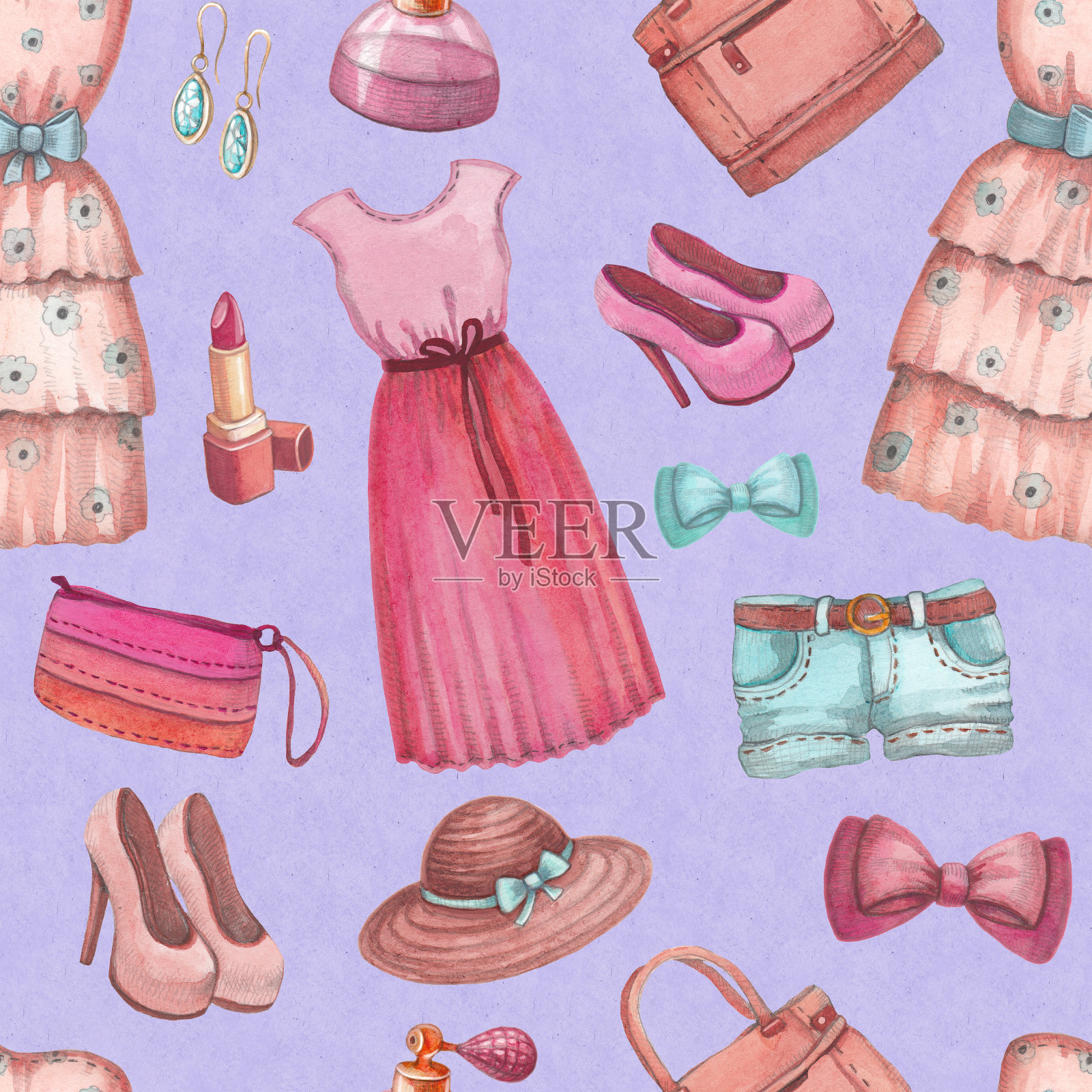 无缝模式与水彩连衣裙和配件插画图片素材
