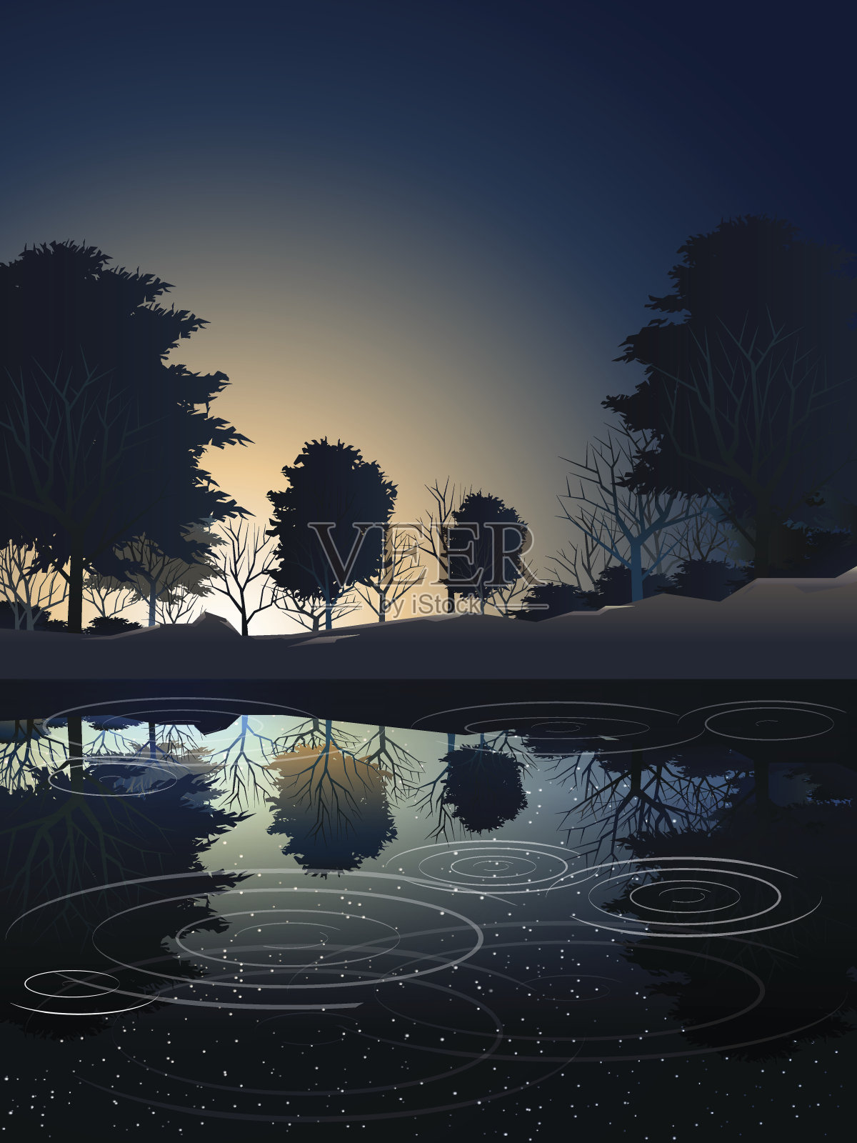 日出时，湖边的深树林插画图片素材
