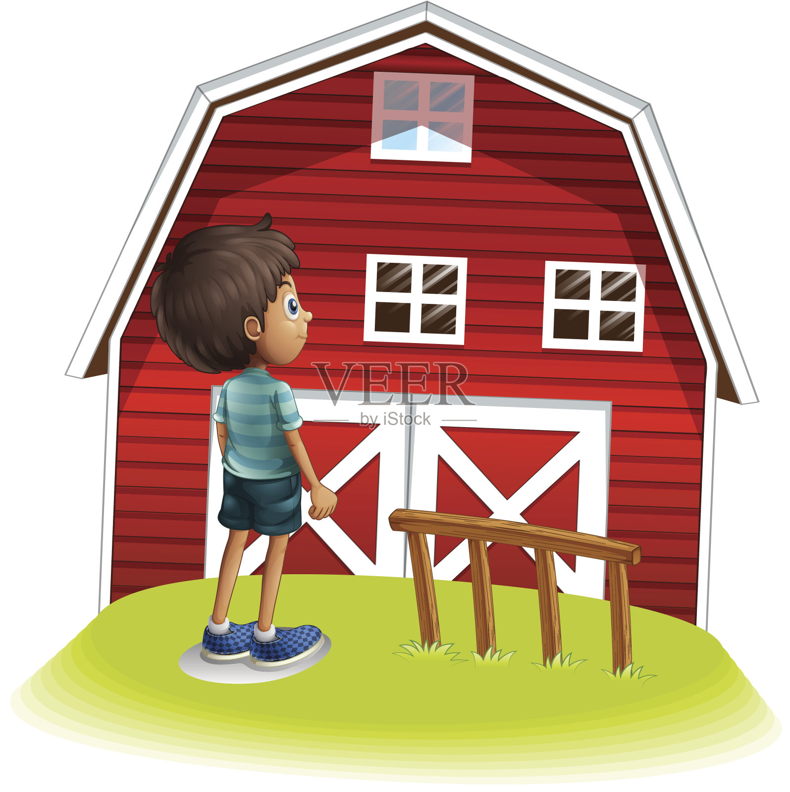 男孩站在红色农舍前设计元素图片