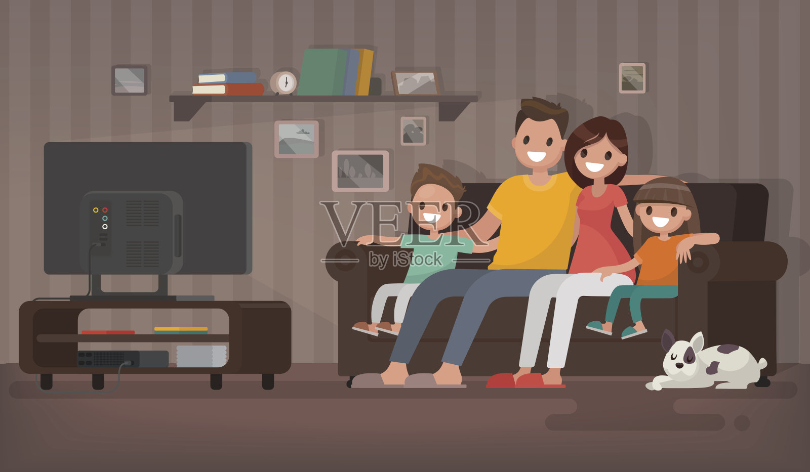 幸福的一家人坐在家里的沙发上看电视插画图片素材