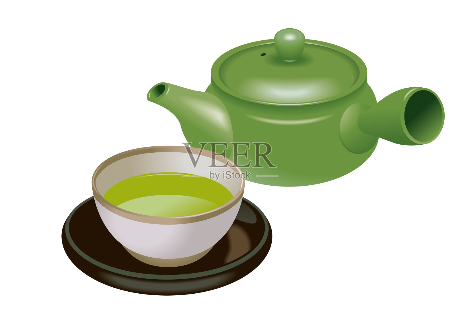 亚洲茶具的插图。绿色的。设计元素图片