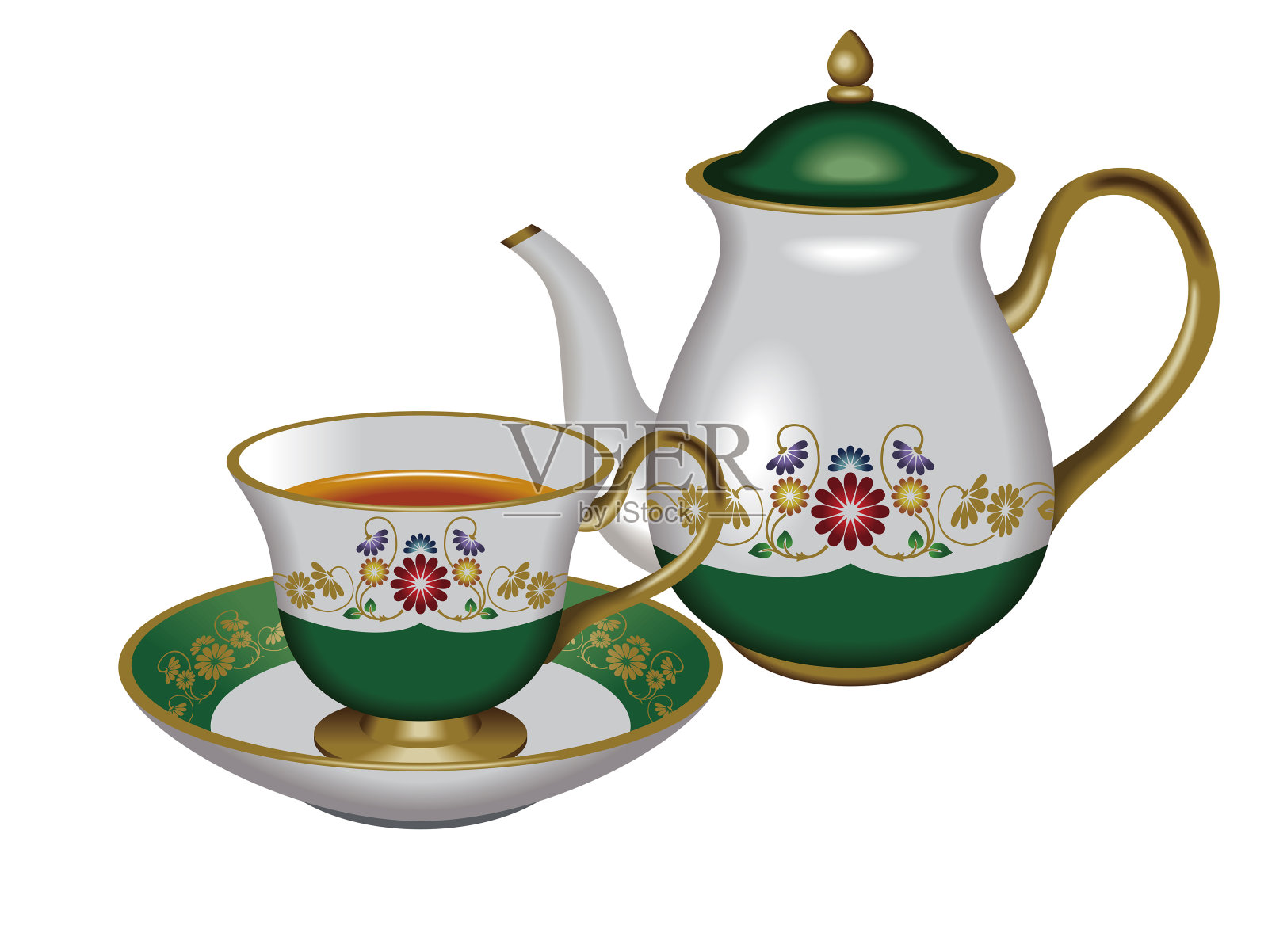 茶壶、茶杯和茶碟的插图。绿色的。设计元素图片