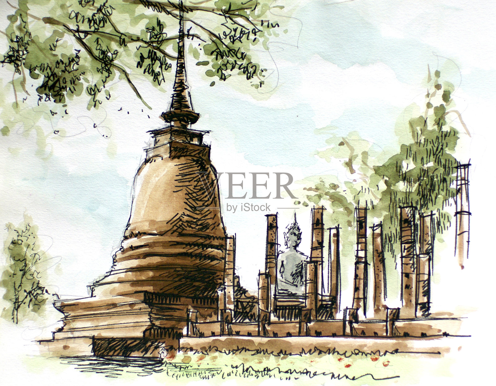 泰国古庙水彩画插画图片素材