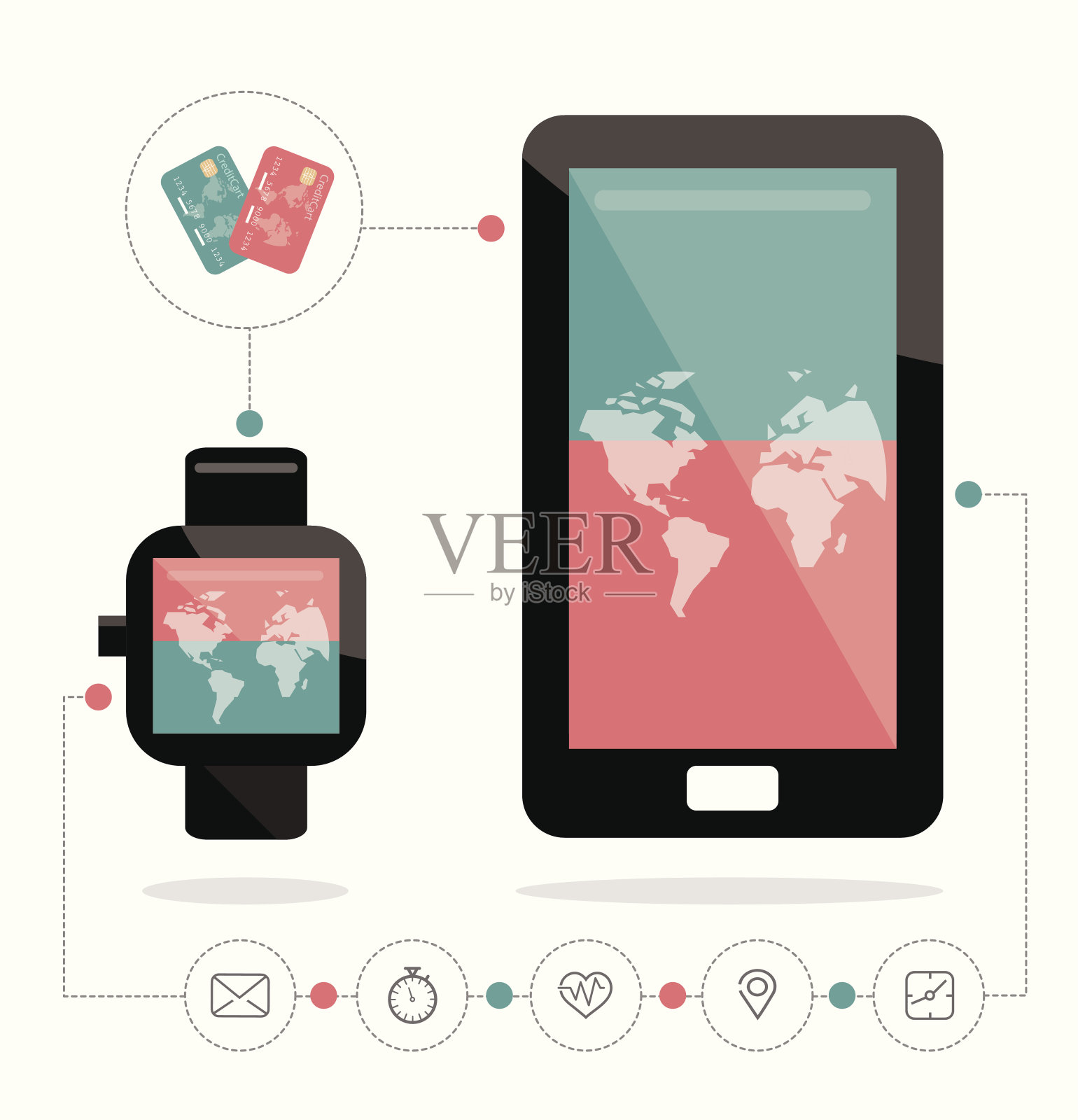 智能手表和智能手机连接NFC支付。插画图片素材