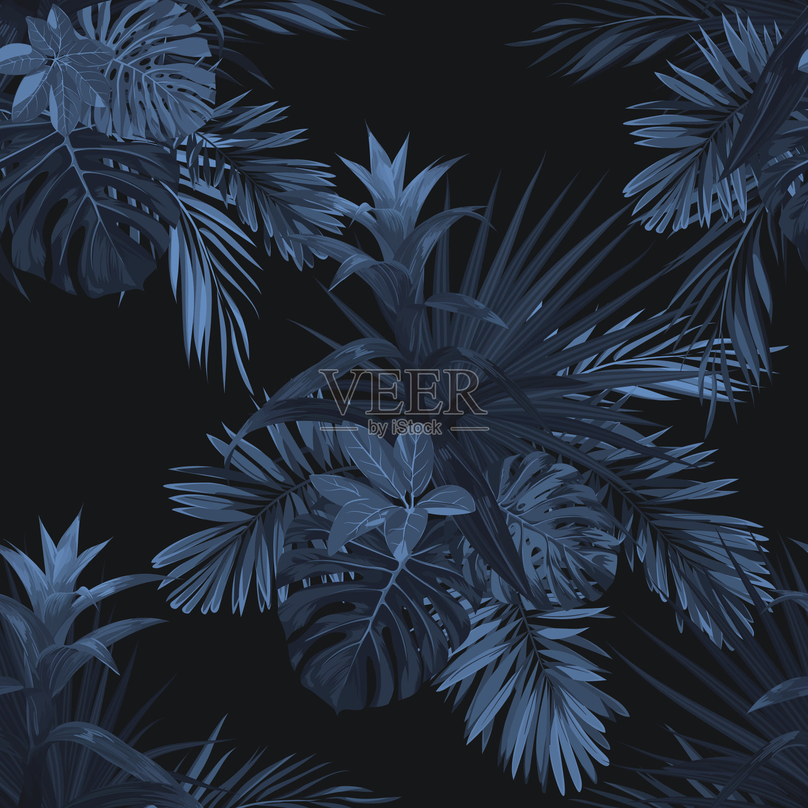 异国情调的热带矢量背景与夏威夷植物和花。无缝靛蓝热带图案与古兹马尼亚花，怪物和皇家棕榈叶插画图片素材
