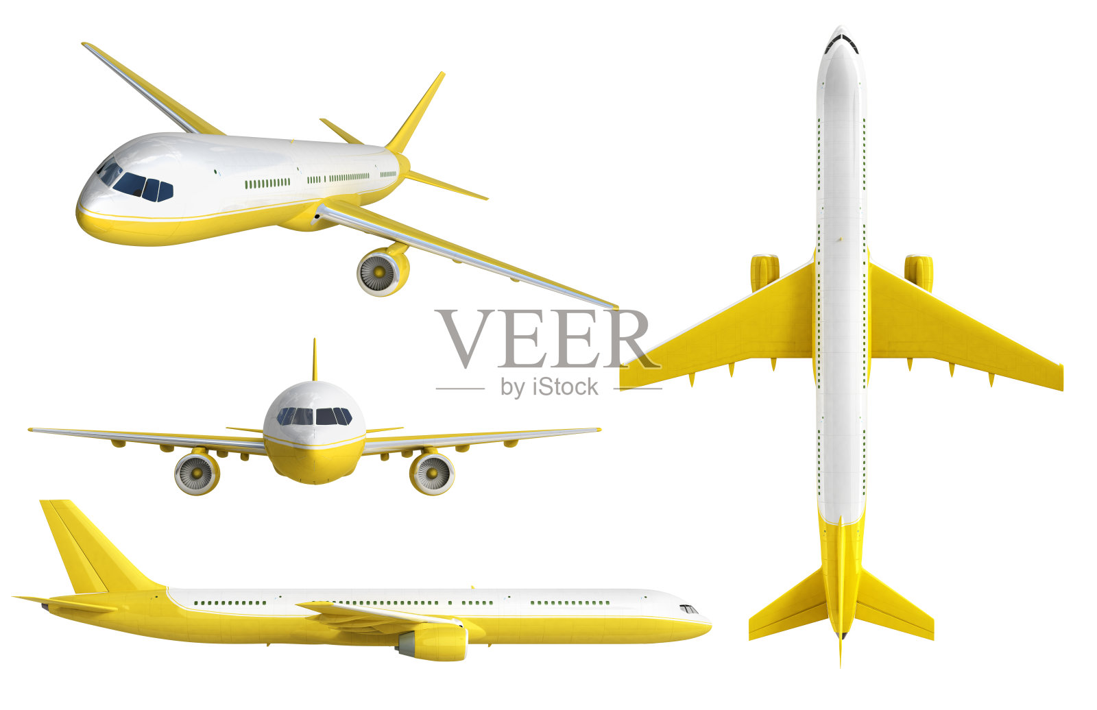 白色和黄色的飞机设置在白色背景上的3d渲染照片摄影图片