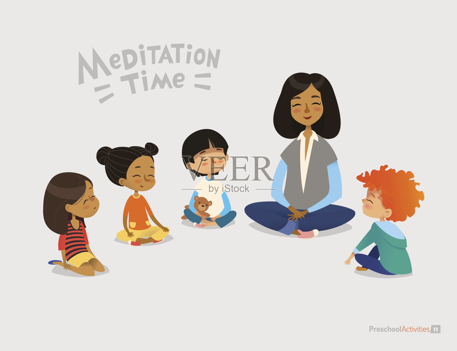 幼儿园女老师和微笑的孩子们坐在地板上做瑜伽练习。幼儿园冥想课的概念。矢量插图横幅，网站，海报，明信片。插画图片素材