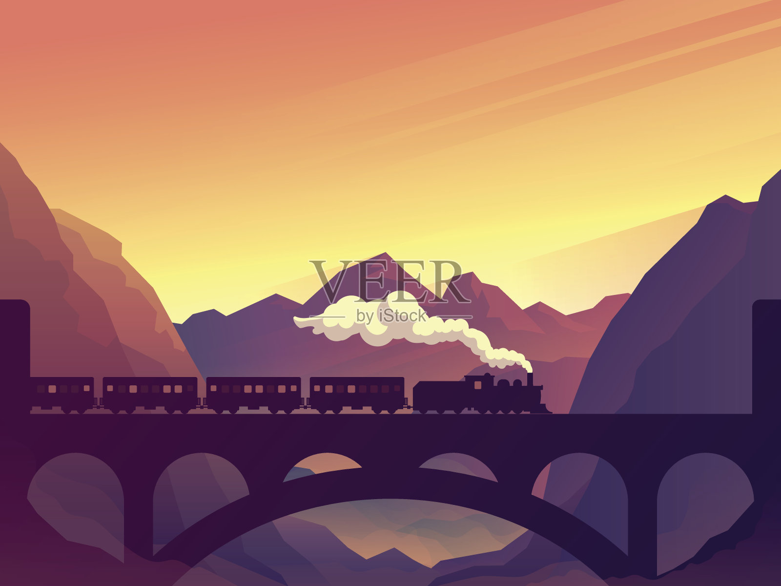 火车在铁路桥上与室外景观插画图片素材