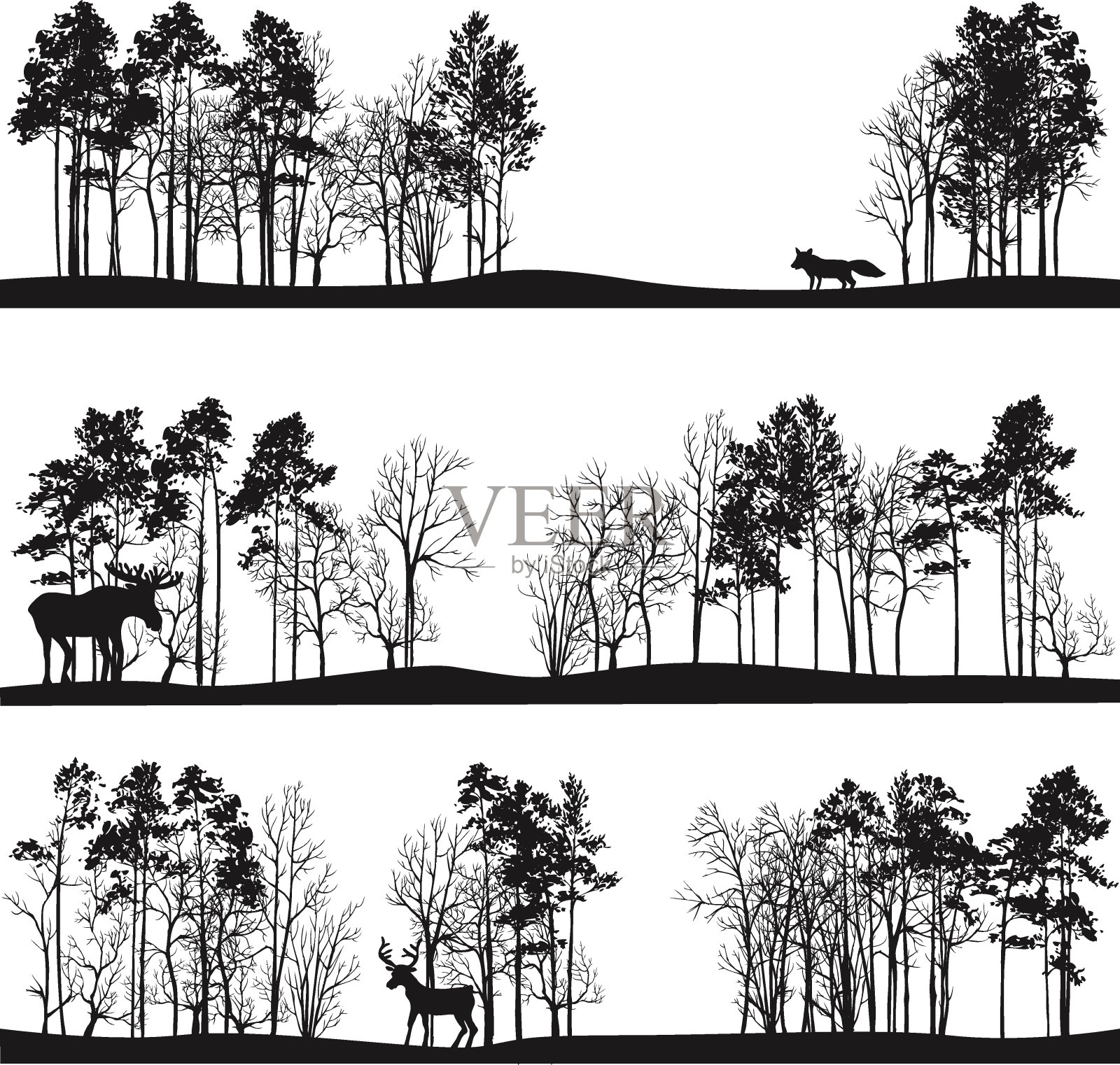一组不同的景观与树木和动物插画图片素材