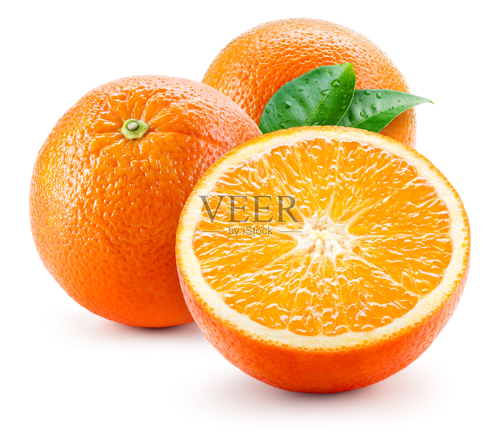 橙色的果实，湿叶孤立在白色上照片摄影图片