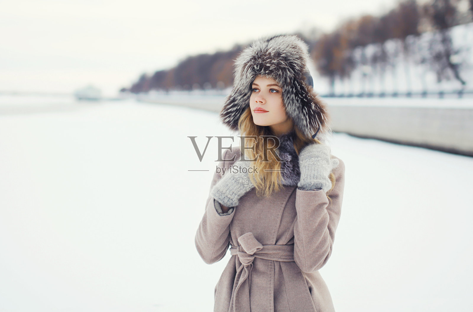一个美丽的女人的肖像穿着大衣和毛皮帽子照片摄影图片