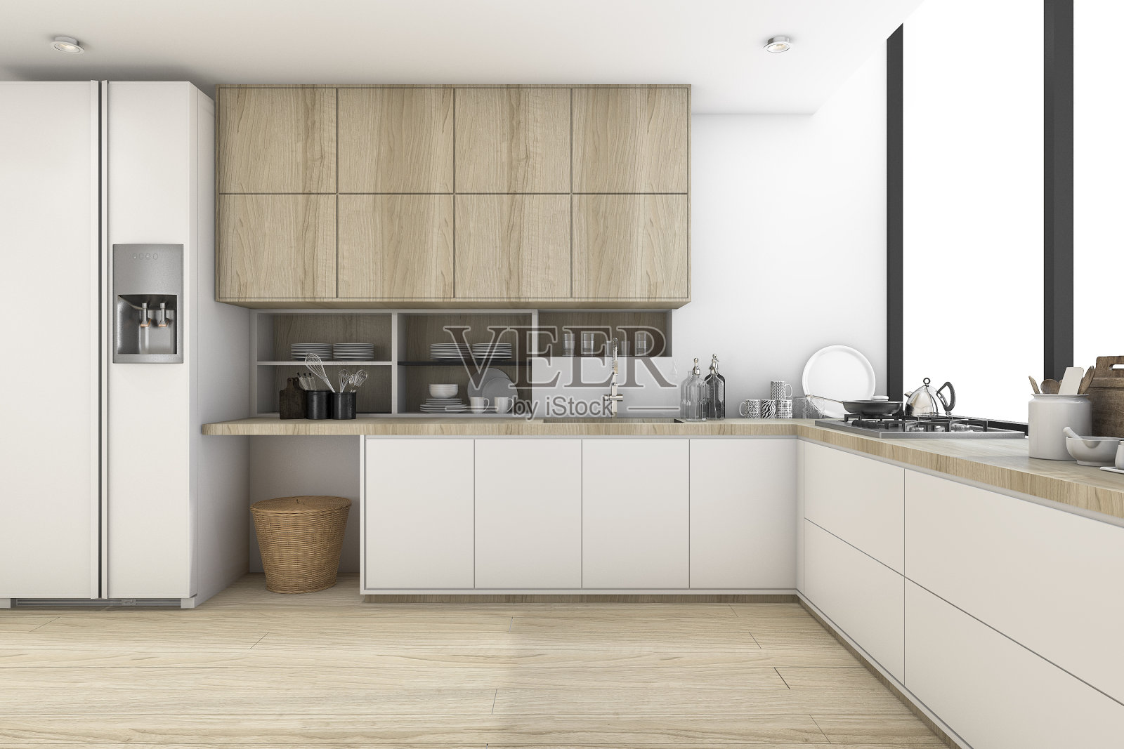 3d渲染斯堪的纳维亚厨房与白色木材设计照片摄影图片