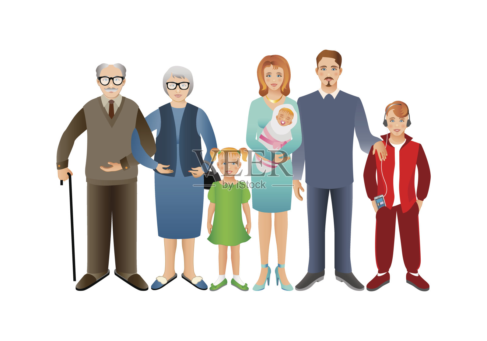 大的幸福的家庭。父亲，母亲，儿子，女儿，祖父插画图片素材