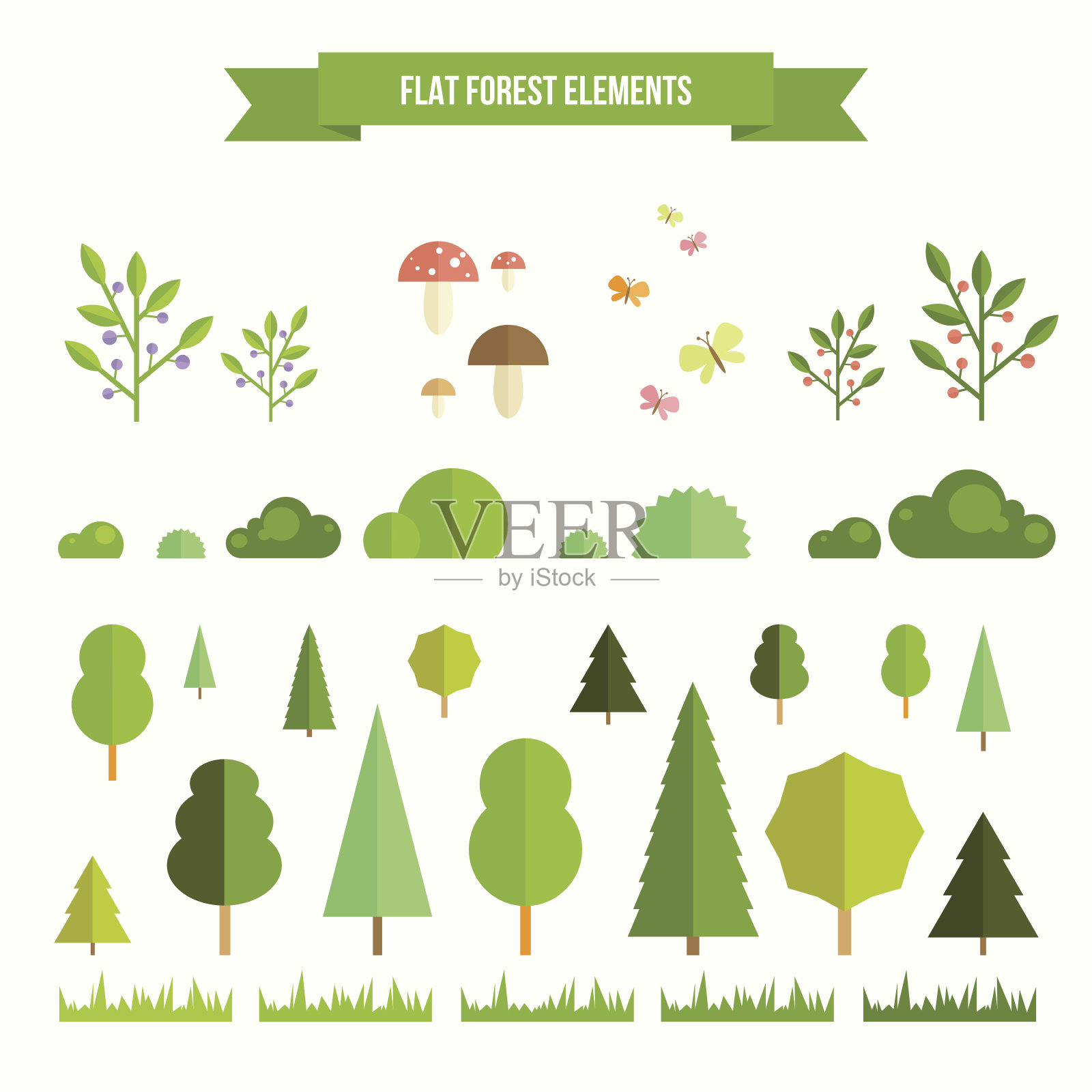 一组平坦的森林元素插画图片素材
