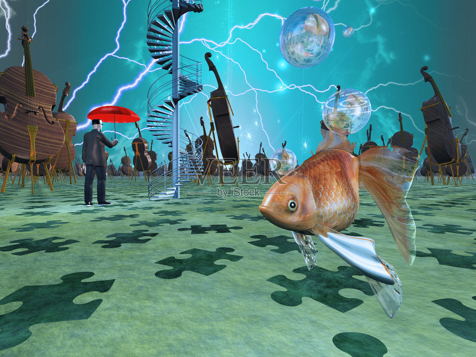 抽象超现实蒙太奇的鱼在大提琴的海洋插画图片素材