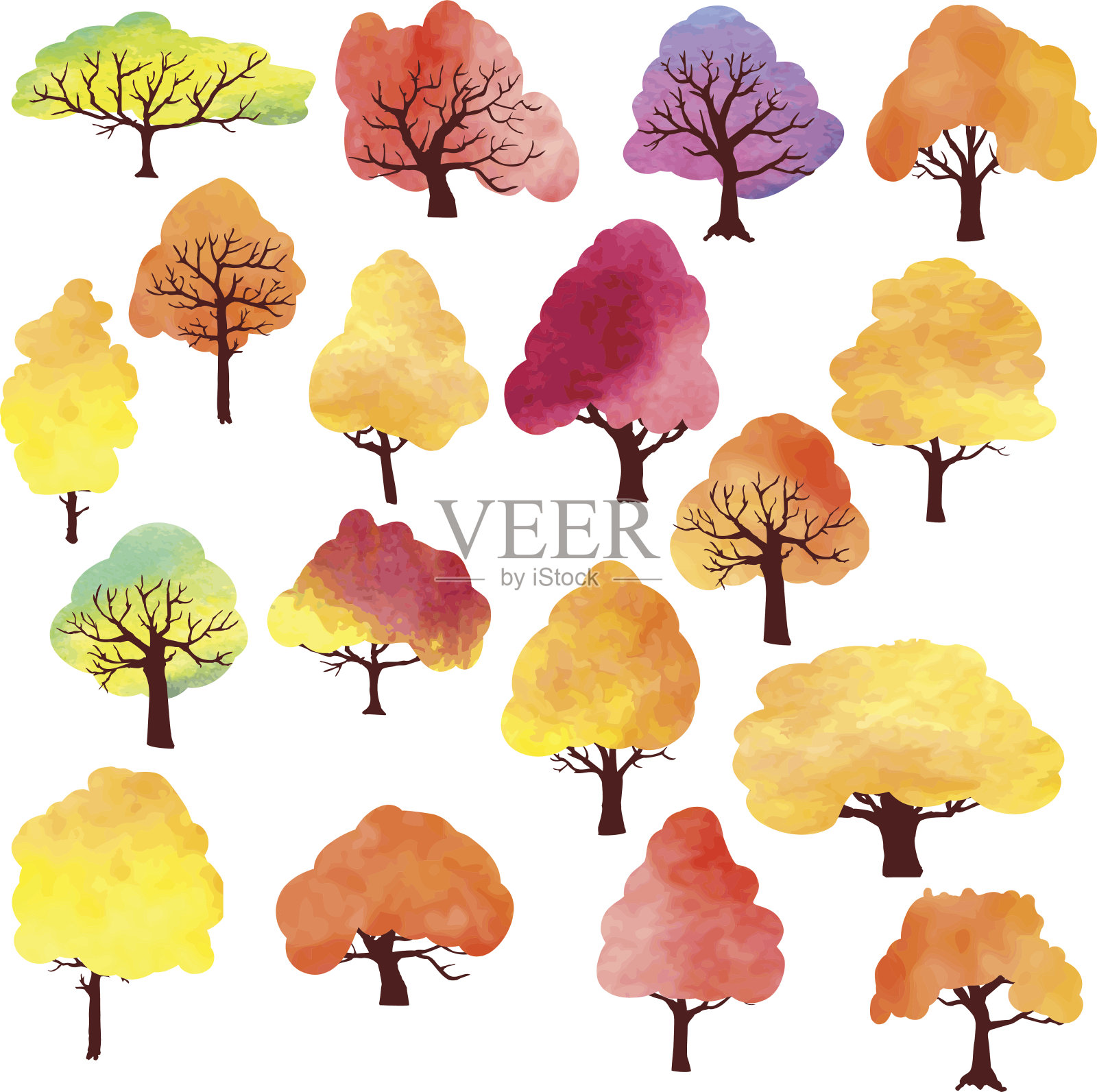 用水彩画的不同秋天的树木设计元素图片