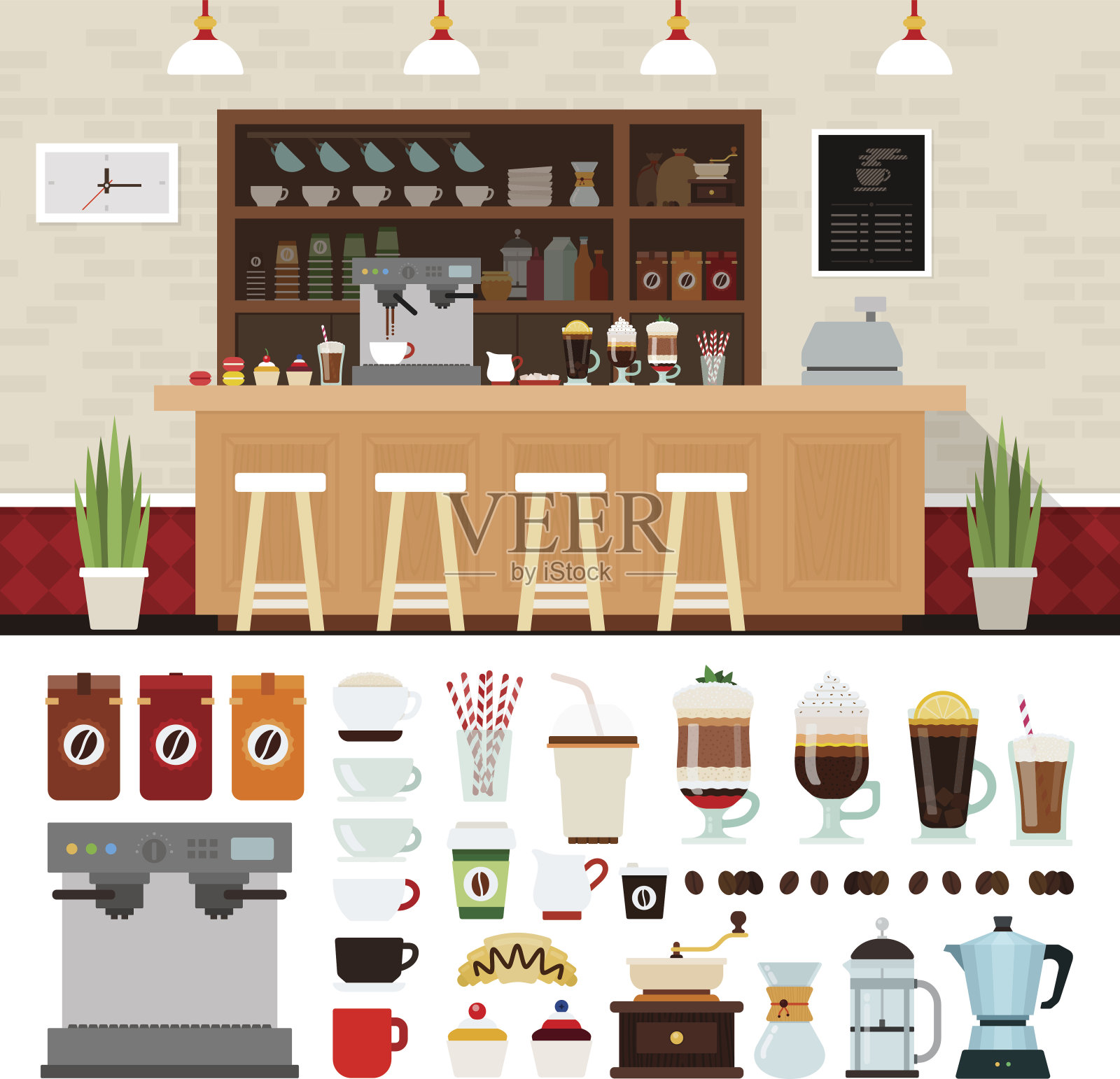 咖啡插图设置与商店内部背景插画图片素材