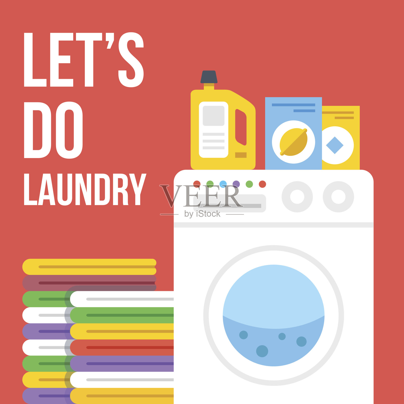 洗衣平面插图。洗衣机，衣服，洗衣粉的图标集插画图片素材