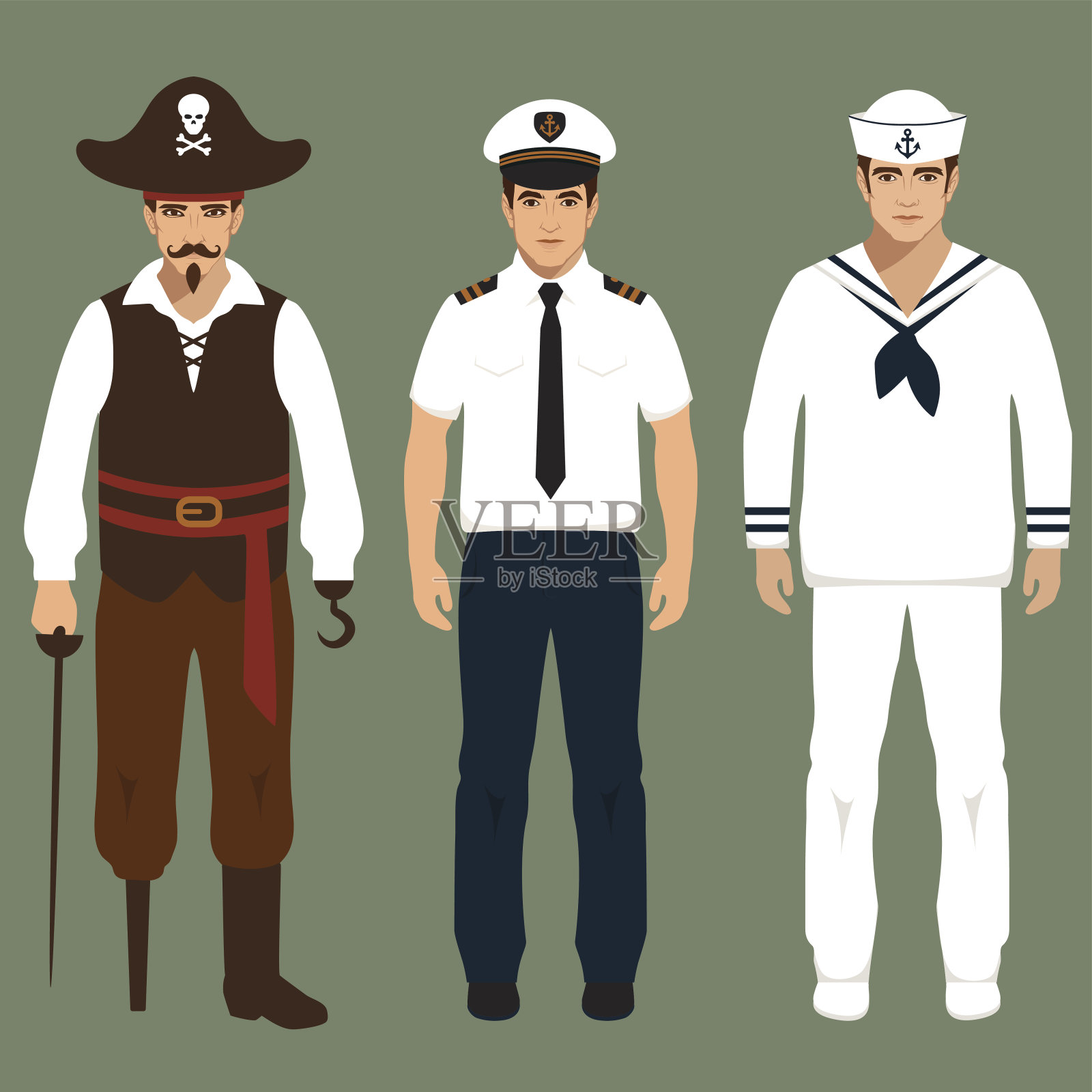海盗，船长和水手插画图片素材