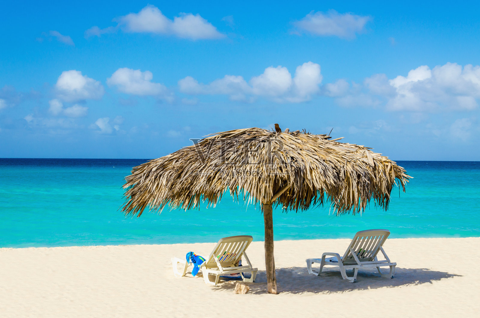 热带海滩，日光浴床和棕榈树伞照片摄影图片