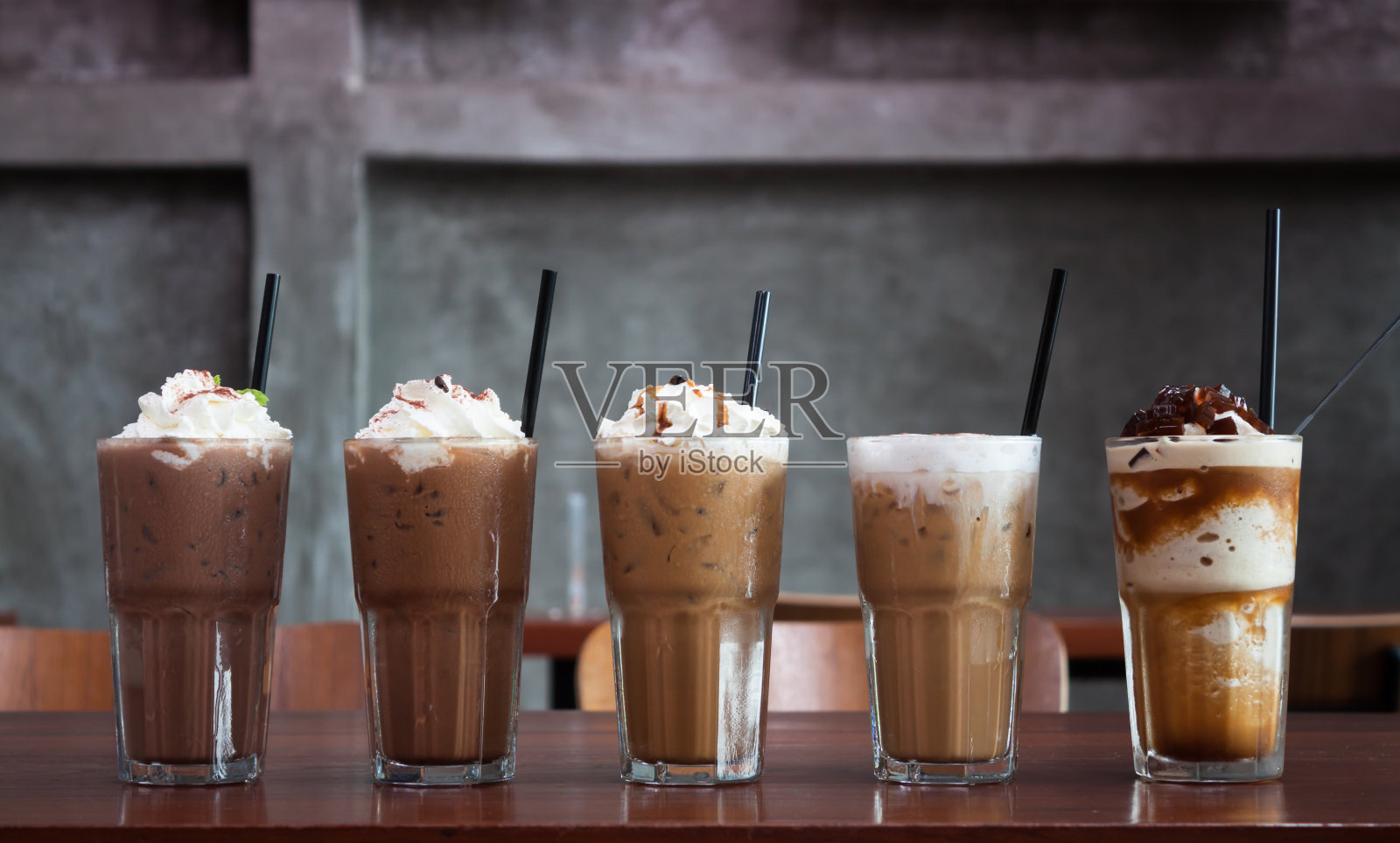 五种不同的冰咖啡照片摄影图片