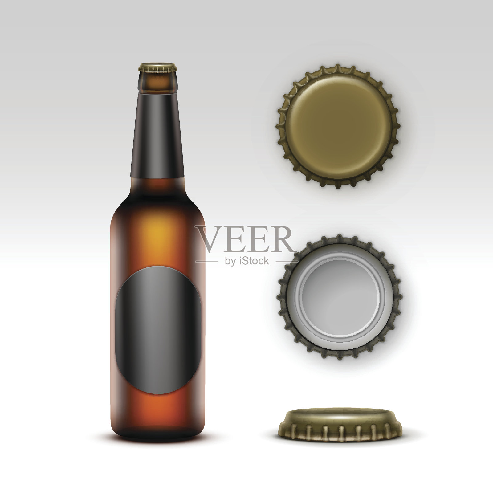 棕色瓶子啤酒与黑色标签和一套盖设计元素图片