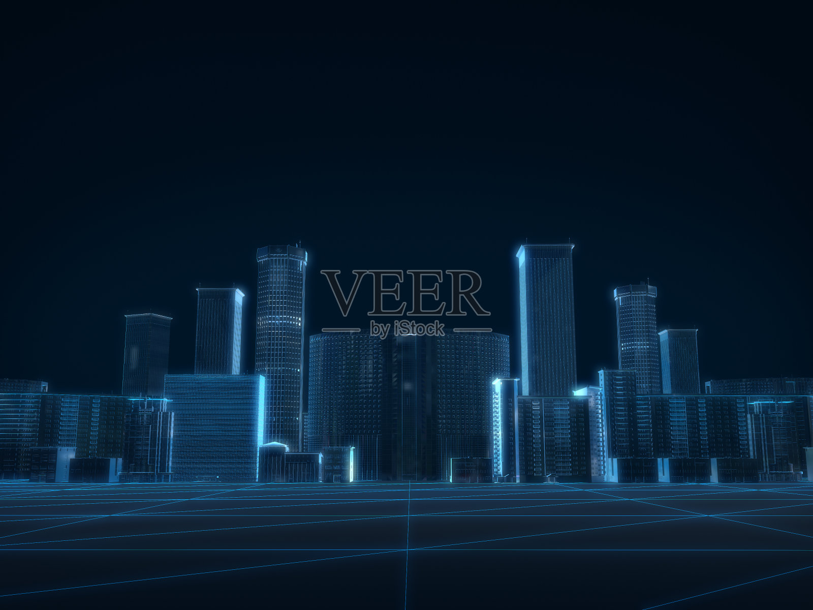 城市x射线蓝色透明的3D渲染在黑暗的背景。照片摄影图片