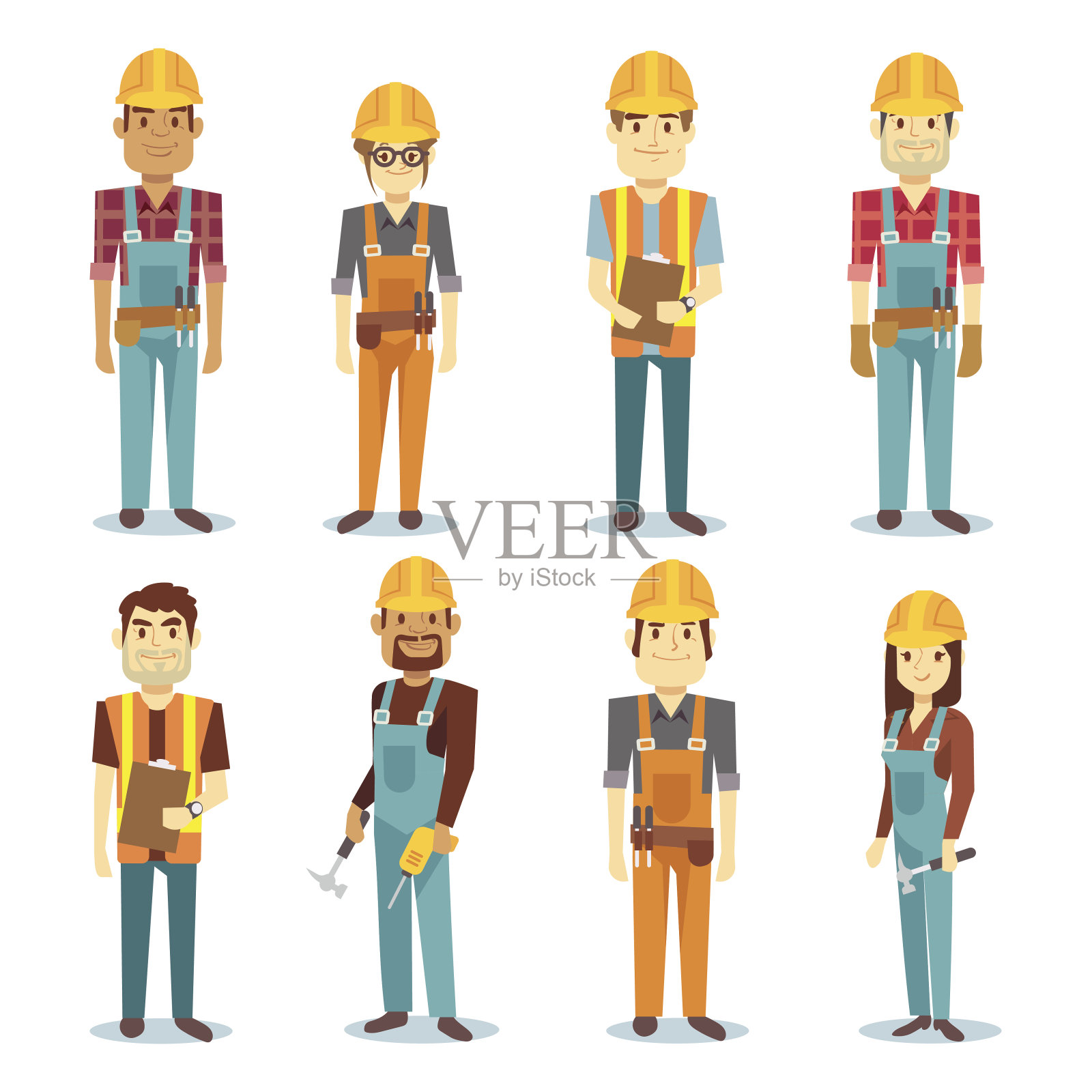 建设者承包商男和女工人向量人字符集插画图片素材