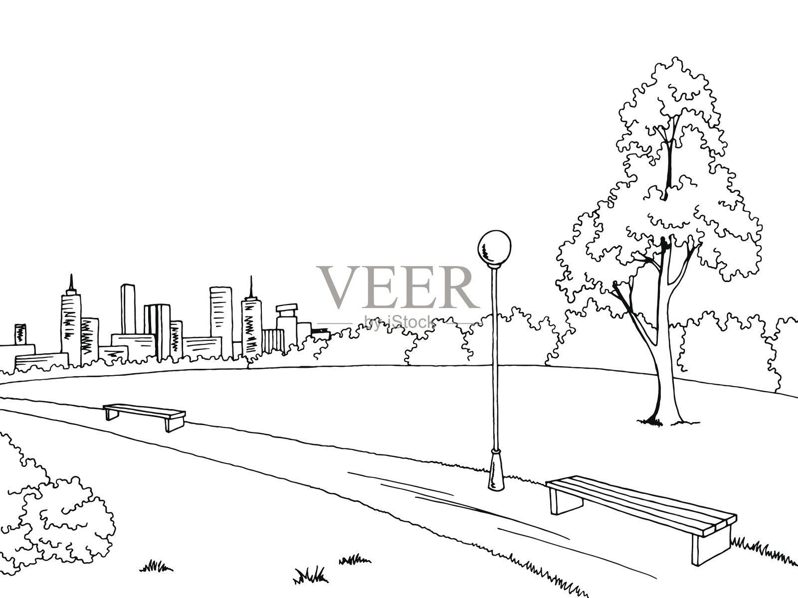 公园图形黑白长凳灯景观素描插图向量插画图片素材