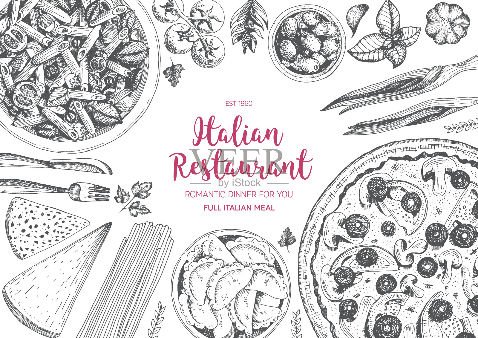 意大利美食俯视图框架。插画图片素材